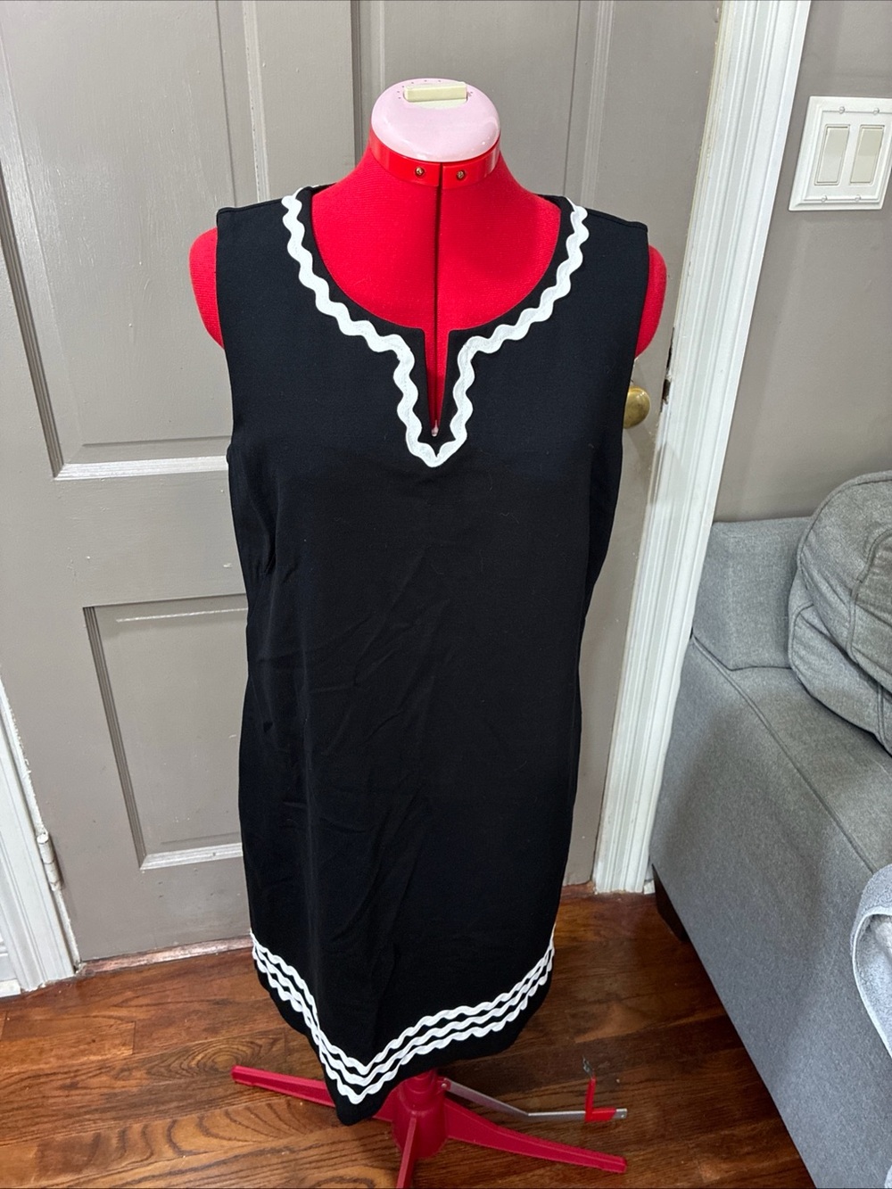 Talbots Black Dress with white zig zag trim. Size 10